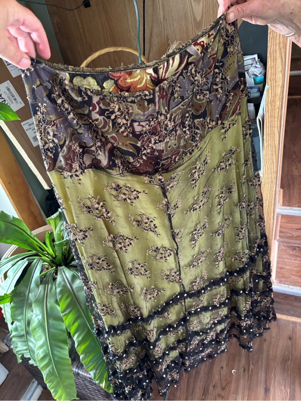 Olive Floral Embroidered Maxi Skirt with Patterned Waistband